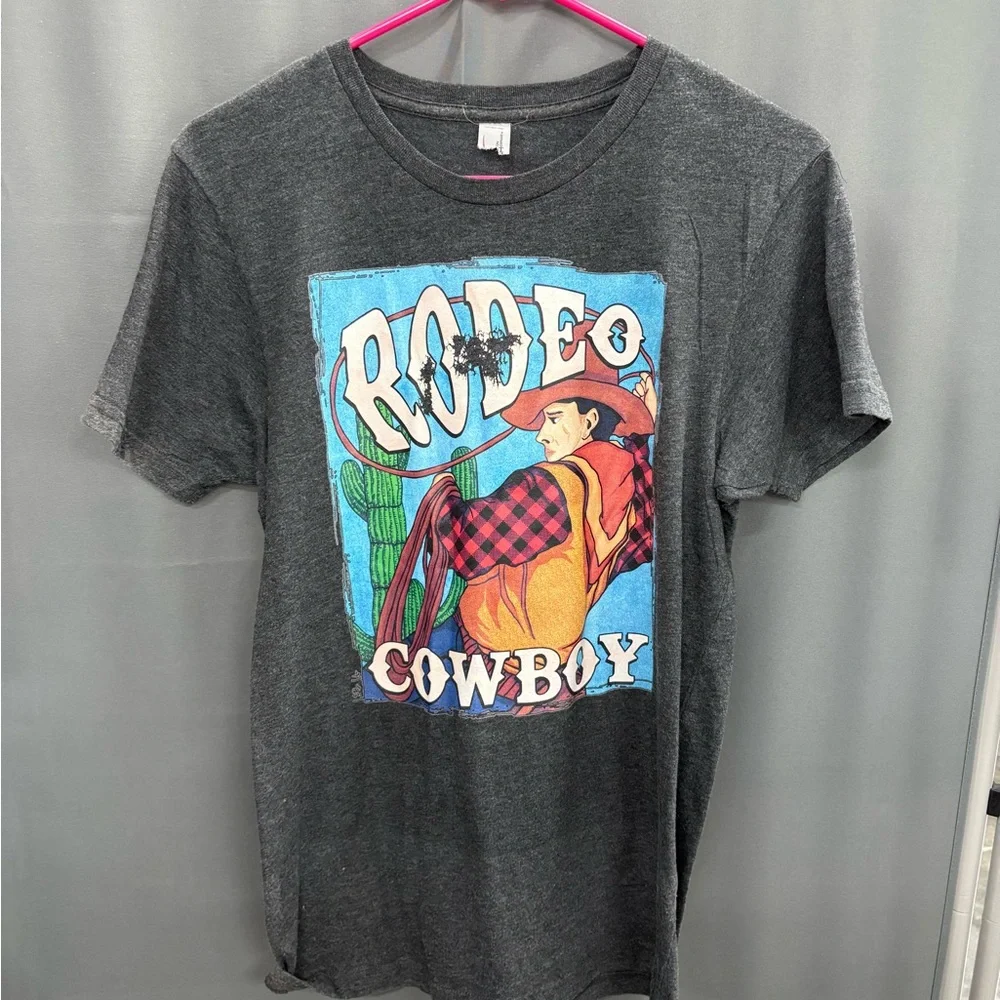 Gray Rodeo Cowboy Graphic T-Shirt - Picture 1 of 3